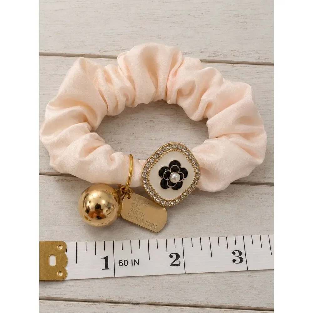 Pink Camellia Flower Scrunchie with Charms - Hair Tie Hair Band Ponytail